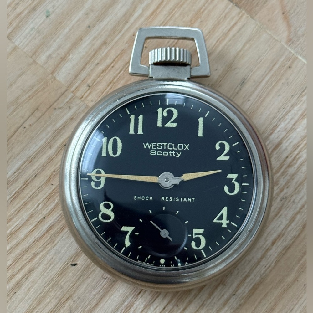 Westclox Scotty Poacket Watch Vintage Mechanical Winding Black Dial Works Well - Picture 3 of 7